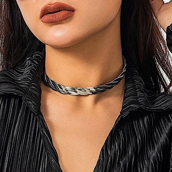 Twisted Sterling Silver Herringbone Choker Necklace - Picture 4 of 4